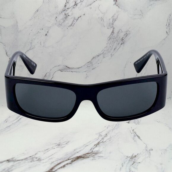 VERSACE Sunglasses New Black Square Wrap Shield Mask Acetate Gold Letter Logo - Picture 4 of 12